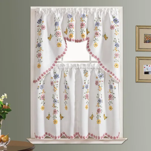Miniatura 3 de GOHD - Juego de 3 cortinas de cocina estilo casa de campo, cepilladas al aire a mano de flores y mariposas en tela de satén gruesa