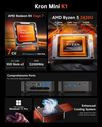 Miniatura 2 de ACEMAGIC Mini PC IAN K1 con Windows 11 Pro, AMD Ryzen 7430U 6C/12T hasta 4.3GHz, 16GB DDR4 512GB SSD, pantalla triple 4K, WiFi 6 BT 5.2 Micro