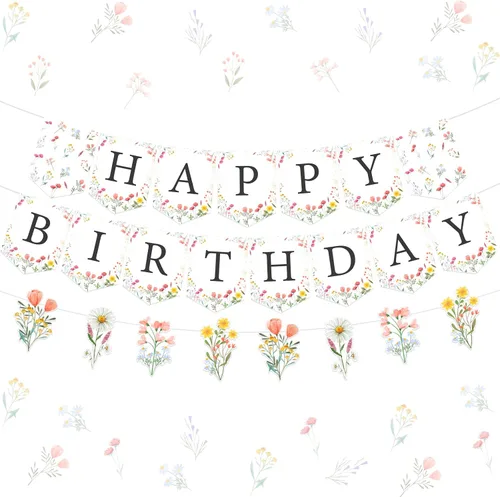 Wildflower - Cartel de feliz cumpleaños con diseño de guirnalda y letrero de decoración de fiesta, pre-encordado, sin bricolaje, tema floral,
