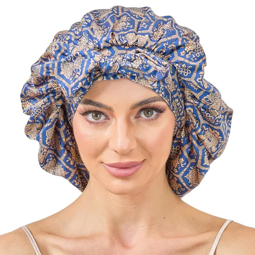 Miniatura 16 de Gorro de satén de seda con banda de amarre para dormir, para mujeres de cabello rizado: gorro de noche para cabello liso, ondulado, ensortijado, Rosa