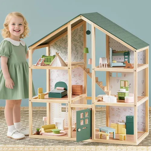 Miniatura 11 de Tiny Land Casa de muñecas de madera para niñas, casa de muñecas de madera de 6 habitaciones, casa de muñecas de bricolaje con 31 accesorios de Rosa