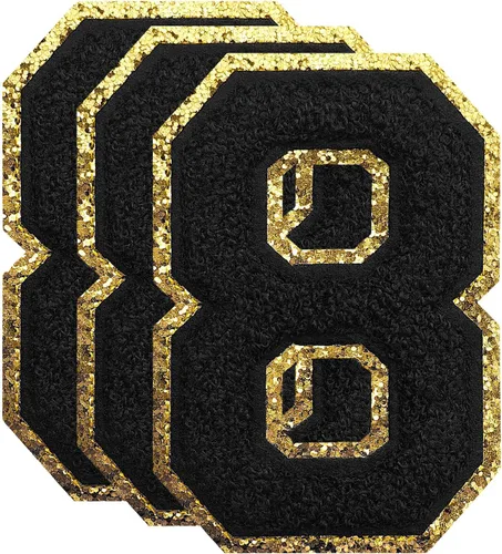 3 parches de números de chenilla negra, tamaño grande de 4-1/2" parches de números para planchar, parches universitarios para ropa, 8" Borde oro rosa
