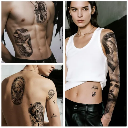 Miniatura 7 de Yazhiji 48 hojas de tatuajes temporales cristianos de brazo completo para adultos, tatuajes falsos de medio brazo religiosos de Jesús Cristo, cruz