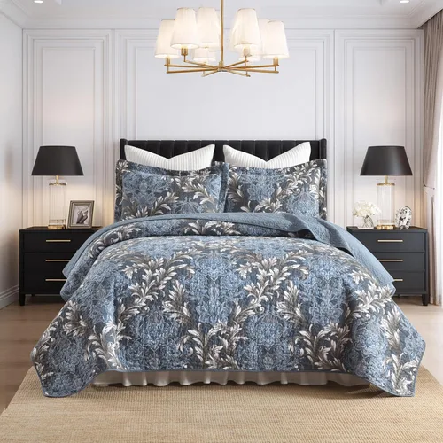 Miniatura 14 de Juego de edredón Queen 100% algodón – Colcha floral de damasco azul, juego de ropa de cama reversible de estilo europeo clásico de 3 piezas, ligero