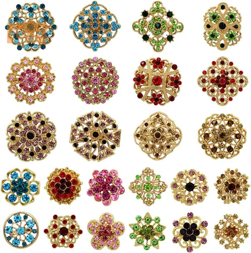 Broche de flores de cristal para mujer, juego mixto de 24 piezas, multicolor, estilo vintage, con diamantes de imitación dorados, juego de broches