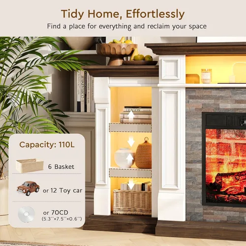 Miniatura 8 de Soporte de TV con chimenea de 72 pulgadas con toma de corriente y LED, chimenea eléctrica con repisa, centro de entretenimiento con almacenamiento
