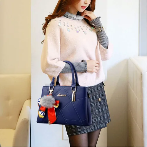 Miniatura 3 de XingChen Bolsos de cuero para mujer, bolso de hombro con asa superior, con pompón y lazo