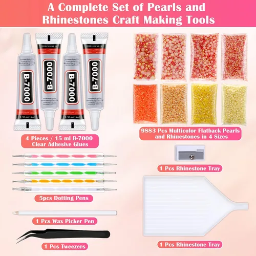 Miniatura 2 de 10000 perlas para uñas de diamantes de imitación para uñas con 4 piezas de pegamento B7000 de 0.5 fl oz, perlas para manualidades, 4