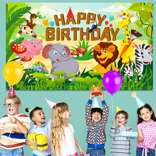 Miniatura 8 de HOWAF Cartel de tela de feliz cumpleaños para decoración de fiestas temáticas de animales de la selva, decoración de fondo de pared para niños