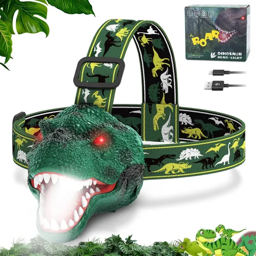 Miniatura 13 de Nitigo Linterna Frontal de Dinosaurio para Niños Linterna Paquete de 2, Linternas Frontales LED Recargables Modo Rugido y Silencioso, Juguetes