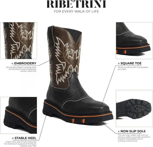 Miniatura 5 de RIBETRINI Botas vaqueras bordadas para hombre, botas vaqueras duraderas con punta cuadrada, tacón grueso, plataforma de piel sintética, botas