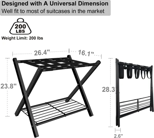 Miniatura 6 de Portaequipajes plegable para habitación de invitados, soporte plegable de metal para maleta con estante de metal para dormitorio, negro, paquete de 1
