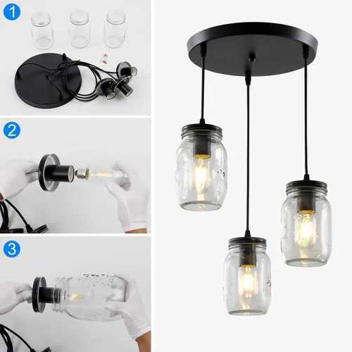 Miniatura 7 de Lámparas de tarro de masón, 3 luces de casa de campo, lámpara colgante de tarro de cristal lámpara de techo ajustable para cocina, comedor, pasillo