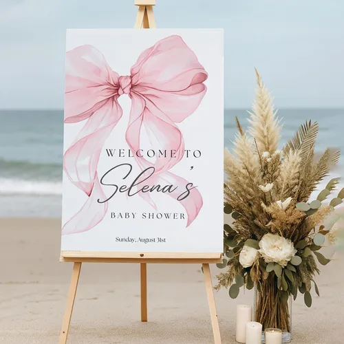 Miniatura 4 de Letrero de bienvenida personalizado para baby shower, letrero de bienvenida personalizado con lazo rosa para baby shower, póster de lazo rosa