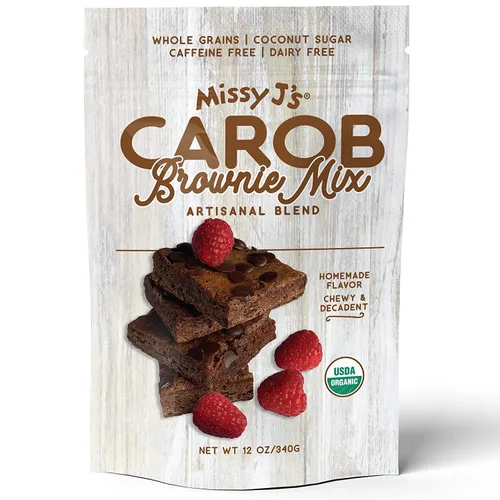 Missy J's Mezcla orgánica de brownie de algarroba de 12 onzas, 1 paquete | Hecho de algarroba con azúcar de coco, vegano y sin lácteos | Sustituto