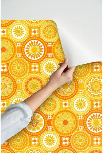Miniatura 3 de Papel tapiz para despegar y pegar, azulejos circulares, flores amarillas, retro, naranja, geométrico, de los años 70, 60, vintage, extraíble, por