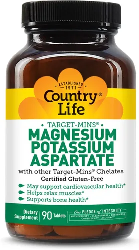 Country Life Target-Mins Aspartato de potasio y magnesio, 600 mg/198 mg, 90 tabletas, certificado sin gluten, certificado vegano