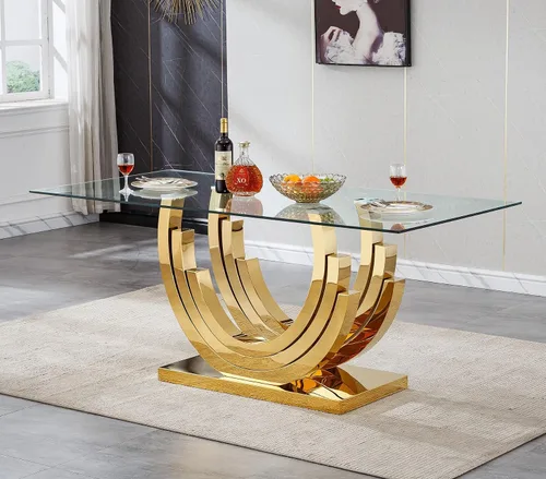 Miniatura 12 de Mesa de comedor de vidrio de 70 pulgadas para 4-8 personas, parte superior de vidrio templado y base de acero inoxidable en U dorada, escritorio