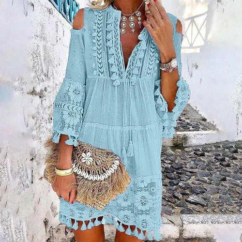 Miniatura 2 de Vestidos de manga 34 para mujer, vestido de encaje con hombros descubiertos, vestido casual con cuello en V, vestidos de retazos de talla grande