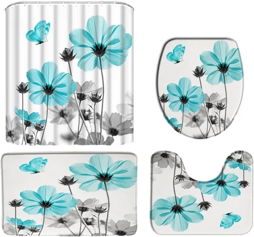 Miniatura 8 de Cortina de ducha floral azul y gris, planta rústica, retro, margarita, abstracta, elegante, natrue de tela con ganchos