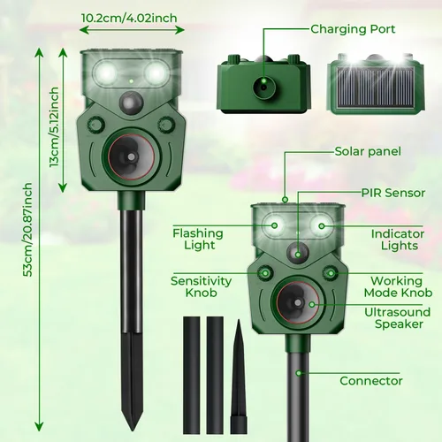 Miniatura 5 de Repelente solar ultrasónico de animales para exteriores, activado por movimiento, impermeable IP65, desalienta a los animales no deseados