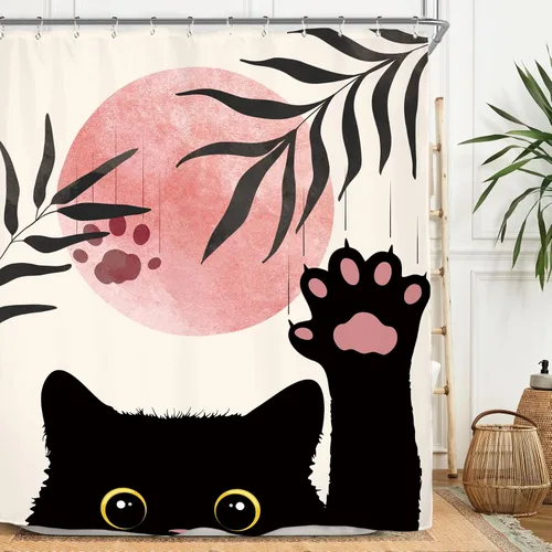 Miniatura 4 de Miyotaa Juego de cortina de ducha abstracta divertida con diseño de gato, 60 pulgadas de ancho x 71 pulgadas de alto, color negro, rosa, lindo