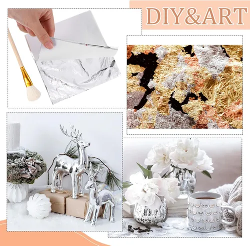 Miniatura 4 de Cunhill 150 hojas plateadas, hojas de papel de aluminio con pincel dorado para manualidades de arte y proyectos de bricolaje, pintura, uñas
