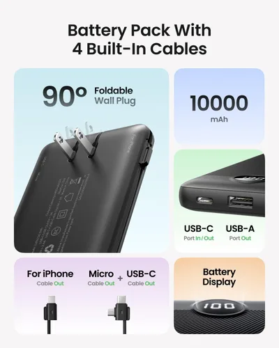 Miniatura 2 de Cargador Portátil con Enchufe de Pared, Banco de Energía USB C Delgado con Cables Integrados, Paquete de Batería Externa con Pantalla LED