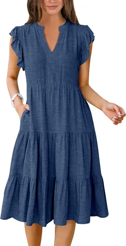 Miniatura 26 de ANRABESS Vestido de verano para mujer, manga con volantes, cuello en V, vestido midi a la moda, casual, holgado, escalonado, bohemio, playa