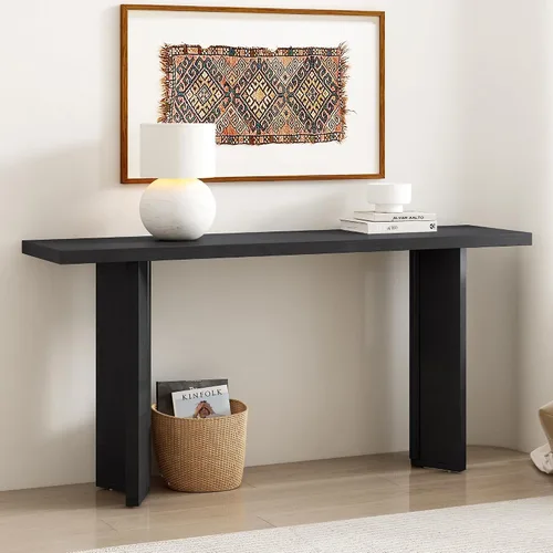 Miniatura 21 de Elegante mesa consola de 63 pulgadas con chapa de pino y patas geométricas, aparador de buffet versátil, mesa auxiliar de madera extra larga