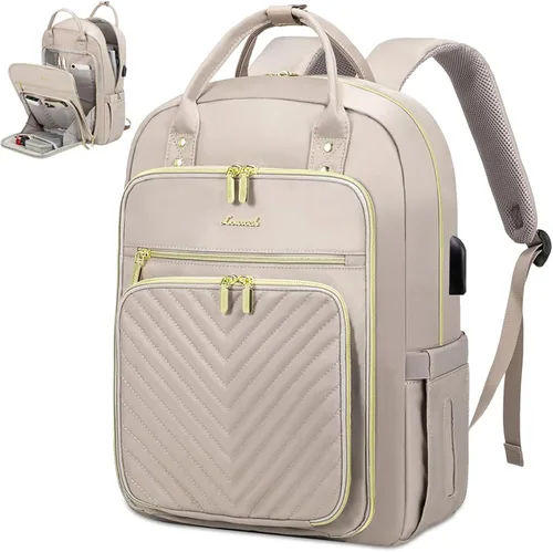 Miniatura 10 de LOVEVOOK Mochila para laptop para mujer, mochila de trabajo de moda con puerto USB, mochilas impermeables para el trabajo., Caqui-beige, 15,6 pulg.