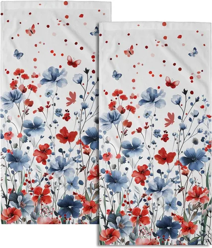 Juego de 2 toallas de mano para el 4 de julio, 14 x 28 pulgadas, diseño patriótico de hojas florales rojas y azules, absorbentes y suaves para