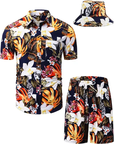 Miniatura 106 de TUNEVUSE Conjunto de camisas y pantalones cortos hawaianos para hombre, 2 piezas, trajes de playa con estampado de flores, traje tropical de verano