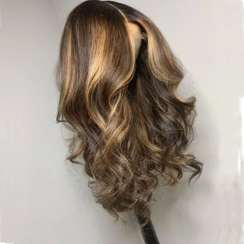 Miniatura 4 de Peluca de cabello humano ondulado con reflejos rubios y marrones, encaje frontal, sin pegamento, prearrancada, Remy brasileño, densidad 150, 12