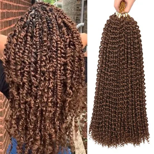 Cabello Passion Twist de 18 pulgadas, cabello de ganchillo ondulado marrón para mujeres, cabello largo bohemio sintético rizado para trenzar Passion