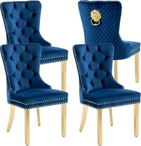 Miniatura 18 de KCC Juego de 2 sillas de comedor tapizadas de terciopelo, modernas sillas capitoné con botones con anillo de cabeza de león y patas de acero Patas