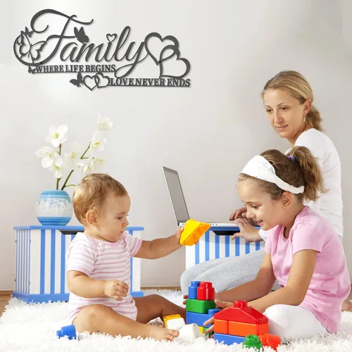 Miniatura 2 de Family Where Life Begins Love Never Ends Word - Decoración de pared de metal negro con corazón de mariposas, escultura colgante de letras de hierro
