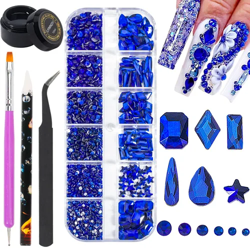 Miniatura 10 de Kit de diamantes de imitación para uñas, 1500 piezas de diamantes de imitación redondos con parte trasera plana, gemas de uñas AB multiformas, 0.3
