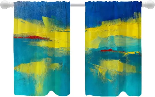 Miniatura 71 de Shrahala Beige and Orange Abstract Art Brushstrokes Blackout Curtain Tiers, Abstract Oil Paint Kitchen Valance Light Blocking Tier Drapes with Rod