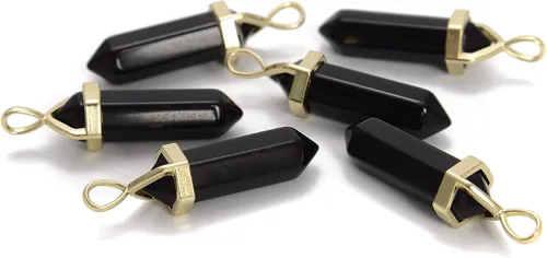 Miniatura 2 de JM Design Péndulo de obsidiana negra con punto curativo chapado en oro, 0.315 x 1.575 in, 6 unidades por bolsa para fabricación de joyas