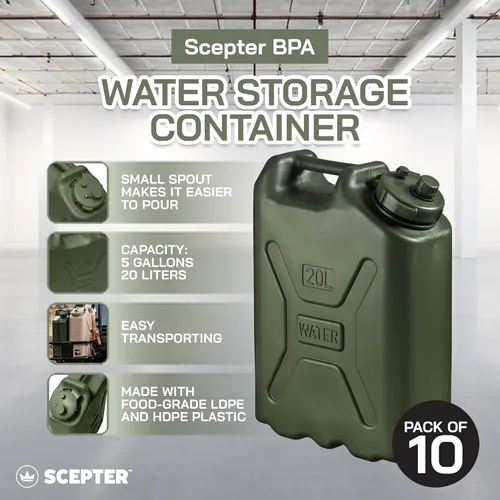 Miniatura 2 de Scepter Paquete de 10 recipientes de agua portátiles de estilo militar para acampar y al aire libre, 5 galones, color verde, dispensador de bebidas