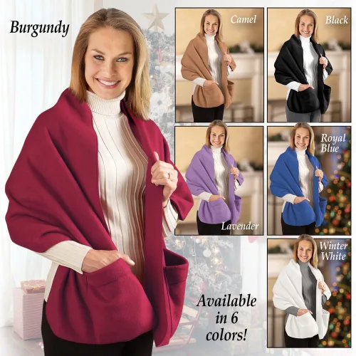 Miniatura 4 de Collections Etc Cozy - Chal de forro polar con grandes bolsillos frontales, mantiene las manos y los hombros calientes durante la temporada fría