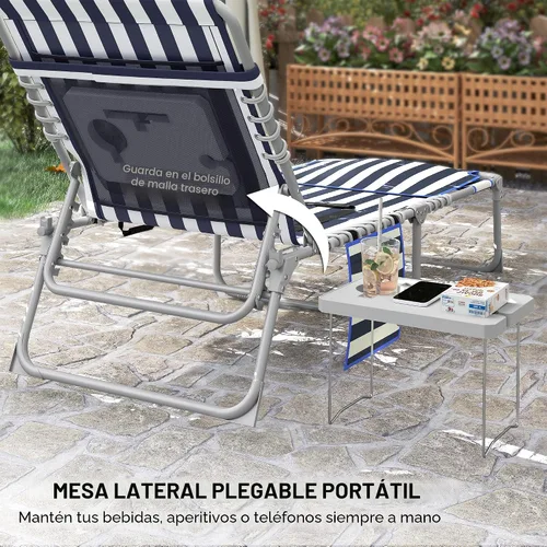 Miniatura 4 de Outsunny Silla bronceadora con agujero frontal, mesa auxiliar, sillón reclinable plegable de 5 posiciones, tumbona reclinable, correas de transporte