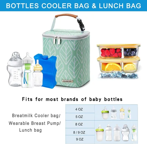 Miniatura 2 de Bolsa enfriadora de leche materna con bolsa de hielo para 4 biberones de hasta 9 onzas, bolsa para biberones para madres lactantes, color verde