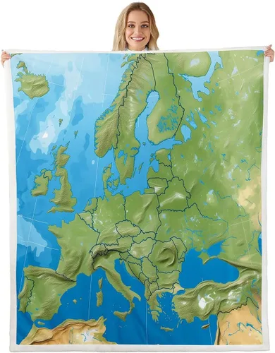 Feelyou Manta Sherpa con mapa del mundo, de Europa continental, manta de vellón oceánico náutico y mar, manta de felpa geográfica mullida para sofá,