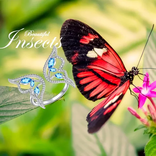 Miniatura 3 de DAOCHONG Anillos de mariposa con circonita cúbica azul y plata de ley 925 para mujeres y niñas, Plata, Zirconia cúbica