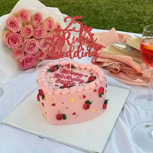 Miniatura 5 de 1 pieza de decoración de pastel de boda con 25 rubíes, rojo brillante, 25 años de rubí, decoración para pastel de feliz 25 aniversario, boda
