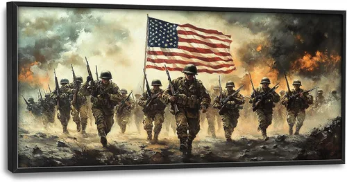 Miniatura 10 de Arte de pared grande de soldado para sala de estar, bandera patriótica de Estados Unidos, decoración en lienzo con marco militar, impresiones