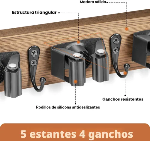 Miniatura 2 de IMILLET - Soporte de pared para escobas, colgador de escobas de madera rústica con 5 estantes y 4 ganchos, organización y almacenamiento