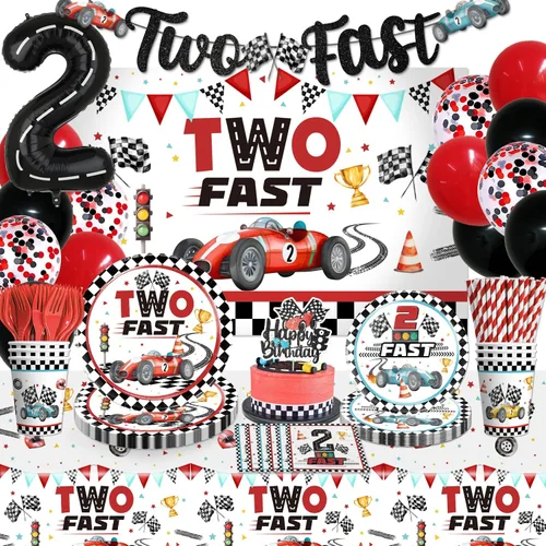 cocomigo 170 Piezas Decoración de Cumpleaños Two Fast, Decoraciones de Cumpleaños 2 Fast Incluyen Plato Taza Servilleta Telón de Fondo Pancarta